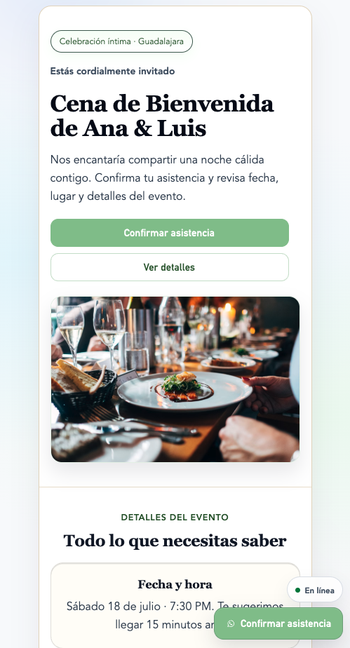 Plantilla demo para eventos y celebraciones con confirmación de asistencia