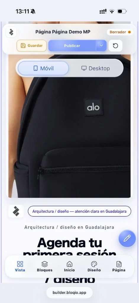 Editor de Bloqio Builder en iPhone